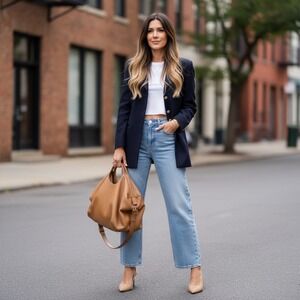 Lauren‎ Ralph Lauren Sz 4 100% Wool Navy Blue Long Blazer Jacket Classic Staple